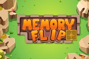 Színes, rajzfilmszerű erdei háttérben kőkerettel körülvett „MEMORY FLIP felirat, mellette egy aranyszínű, csillogó kártya ikon