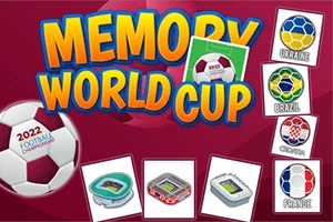 Színes MEMORY WORLD CUP felirat futball témájú kártyákkal és stadion képekkel