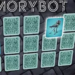 Egy kőpadló hátterű képen kártyák láthatók, amelyek közül néhány felfordított, és felfedi egy billentyűzetet játszó robot képét, a tetején MEMORYBOT felirattal