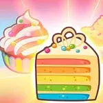 Színes, rajzfilmszerű sütemények, köztük egy réteges tortaszelet, egy cupcake és egy négyzet alakú süti, élénk háttérrel