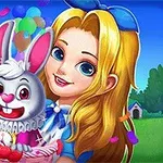 Szőke lány kék ruhában és masnival, mosolyog egy kosárban ülő fehér nyúl mellett, színes lufikkal és konfettivel körülvéve egy kertben