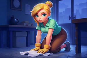 Merge Haven Szőke, copfos nő térdel a padlón, zöld pólóban és sárga takarítókesztyűben, miközben felmos