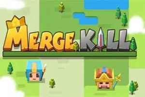 Játékos ábrák zöld tájjal és Merge Kill felirattal, kard és korona motívumokkal