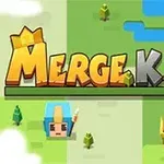 Játékos ábrák zöld tájjal és Merge Kill felirattal, kard és korona motívumokkal