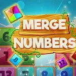 Színes számokkal ellátott négyzetek háttérben, középen egy fa tábla, amelyen a Merge Numbers felirat olvasható