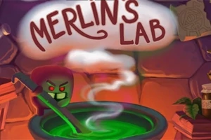 Egy zöld kotyvalékot keverő vörös szemű figura egy üst mellett, a háttérben a „Merlin’s Lab” felirat
