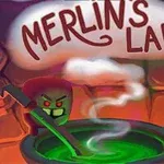 Egy zöld kotyvalékot keverő vörös szemű figura egy üst mellett, a háttérben a „Merlin’s Lab” felirat