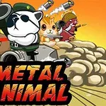 Panda katonai egyenruhában, különböző állatokkal és fegyverekkel körülvéve egy robbanás előtt, a METAL ANIMAL felirat előtt áll