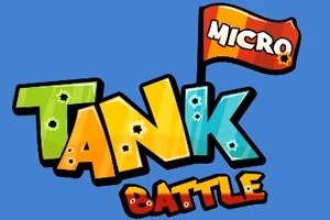 Színes, rajzfilmszerű Tank Battle felirat, mellette egy piros-sárga zászló Micro szöveggel, kék háttéren