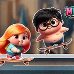 Két rajzfilmfigura gördeszkázik egy város háttérben, mellettük egy kék, szőrös lény áll
