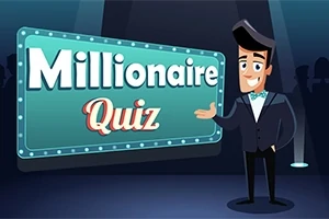 Egy rajzfilmszerű figura elegáns öltönyben áll egy világító Millionaire Quiz feliratú tábla előtt