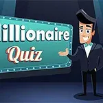 Egy rajzfilmszerű figura elegáns öltönyben áll egy világító Millionaire Quiz feliratú tábla előtt