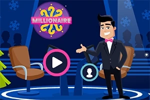 Rajzfilmszerű műsorvezető sötét öltönyben és rózsaszín csokornyakkendőben egy stúdióban két székkel és háttérben MILLIONAIRE felirattal