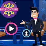 Rajzfilmszerű műsorvezető sötét öltönyben és rózsaszín csokornyakkendőben egy stúdióban két székkel és háttérben MILLIONAIRE felirattal