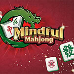 Mahjong kövek piros háttérrel, középen egy zöld sárkánnyal és a Mindful Mahjong felirattal