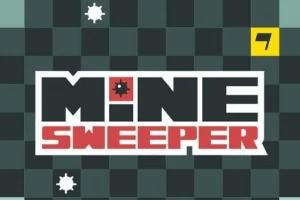 Egy négyzetes sakktábla mintás háttér előtt a Minesweeper felirat látható, amelyben a Mine szóban egy akna szimbólum szerepel, és a sarokban a 7-es szám van