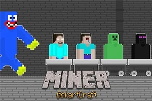 Színes pixelgrafikás figurák ülnek kocsikban egy sötét téglafal előtt, előtérben nagy MINER felirat