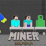 Színes pixelgrafikás figurák ülnek kocsikban egy sötét téglafal előtt, előtérben nagy MINER felirat