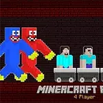 Pixel art színes figurák vidámpark szerű pályán kocsikban ülnek sötét háttérrel