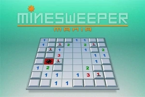 Szürke játéktábla számokkal és egy piros aknával zöld háttér előtt, fölötte Minesweeper Mania felirattal