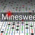 Sokszínű számmal és aknákkal teli rács, középen egy Minesweeper felirattal