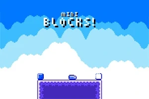 Felhős éggel rendelkező kék hátterű kép, alul lila blokk platformmal, felirat: MINI BLOCKS!