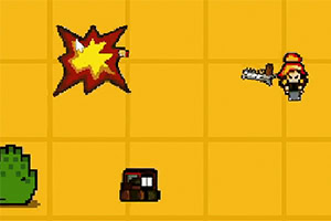 Egy pixeles figura karddal, egy zöld bokor, egy kis doboz és egy robbanás egy sárga négyzetrácsos háttér előtt