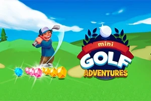 Rajzolt golfjáték karakter golfütővel és drágakövekkel élénk színekben, mellette nagy logó Mini Golf Adventures felirattal