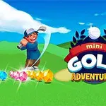 Rajzolt golfjáték karakter golfütővel és drágakövekkel élénk színekben, mellette nagy logó Mini Golf Adventures felirattal