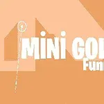 A kép narancssárga háttérrel rendelkezik, közepén MINI GOLF Funny felirat látható