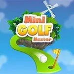 Zöld minigolf pálya fehér labdával, sárga zászlóval és egy kis szélmalommal a háttérben, kék felhős ég előtt