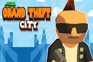 Egy kocka stílusú, napszemüveges karakter, kezében fegyverrel, városi háttérrel és Mini Grand Theft City felirattal