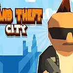 Egy kocka stílusú, napszemüveges karakter, kezében fegyverrel, városi háttérrel és Mini Grand Theft City felirattal