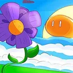 Lila virág egy napsütötte, felhős táj előtt, háttérben egy aranysárga, mosolygó nap