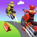 Két színes, futurisztikus motoros karakter száguld felfelé egy kanyargós úton piros útakadályok mellett, világos lila háttér előtt