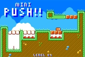 Színes, pixeles platformjáték grafika kék éggel, zöld kerettel és narancssárga elemekkel