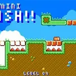 Színes, pixeles platformjáték grafika kék éggel, zöld kerettel és narancssárga elemekkel