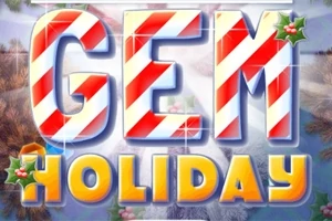 Karácsonyi témájú feliratok, piros-fehér csíkos GEM és sárga HOLIDAY szavakkal, mikulásvirággal díszítve