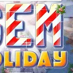 Karácsonyi témájú feliratok, piros-fehér csíkos GEM és sárga HOLIDAY szavakkal, mikulásvirággal díszítve