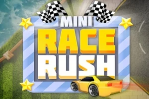 Színes Mini Race Rush felirat kockás zászlóval és egy sárga sportkocsival az előtérben