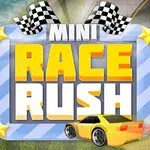 Színes Mini Race Rush felirat kockás zászlóval és egy sárga sportkocsival az előtérben