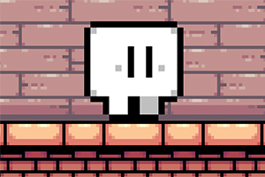 Fehér, kocka alakú, stilizált karakter egy téglafal előtt, pixelart stílusban