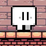 Fehér, kocka alakú, stilizált karakter egy téglafal előtt, pixelart stílusban