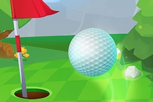 Golfpálya részlete lyukkal és zászlóval, mellette egy lebegő golflabda