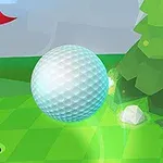 Golfpálya részlete lyukkal és zászlóval, mellette egy lebegő golflabda