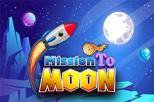 Űrhajó a világűrben repül kék és lila bolygók között, a háttérben a hold, alatta pedig a Mission To Moon felirat látható