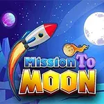 Űrhajó a világűrben repül kék és lila bolygók között, a háttérben a hold, alatta pedig a Mission To Moon felirat látható