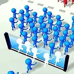 Kék és piros figurák csoportjai láthatók egy akadály előtt, ahol a kékek átmennek az áttetsző részen