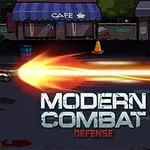 Egy páncélos katona tüzet nyit az utcán, egy kávézó felirat előtt, az alján pedig Modern Combat Defense szöveg található