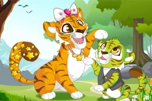 Egy rajzolt, vidám tigris és kistigris játszanak egymással egy erdős háttér előtt